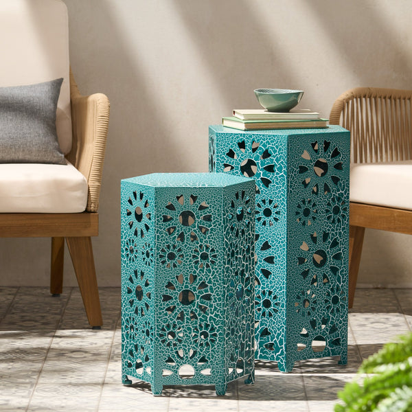 English Elm Eliana Outdoor Iron Nesting Side Tables with Sunburst Cutout and Crackle Finish Patio Accent Set Teal 69740.00CT