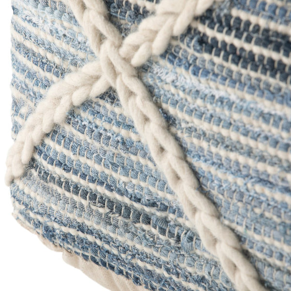 English Elm Cowan Handcrafted Square Pouf in Blue and Natural Woven Wool-Cotton with Diamond Stitching, Supportive Seat (20") Light Blue B136P159312