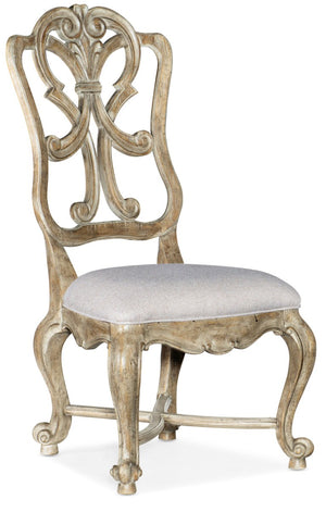 Hooker Furniture Castella Fleur‑De‑Lis Carved Wood Back Side Chair With Performance Upholstery, Antique Slate Finish 5878-75411-80