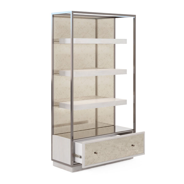 A.R.T. Furniture Mezzanine Etagere With 3 Floating Shelves, Drawer & Led Lighting - Dove Gray Finish For Elegant Storage Light Gray Parawood And Poplar Solids,Maple Veneer,Mirror,Steel 325401-2249