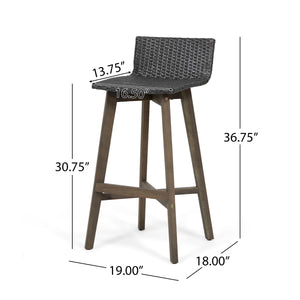 English Elm Christopher Knight Home® - LA La Brea Acacia Wood & Wicker Barstool Set of 2 — Outdoor Faux Rattan Seats with Iron X-Stretcher Frame Grey 65431.00GRY