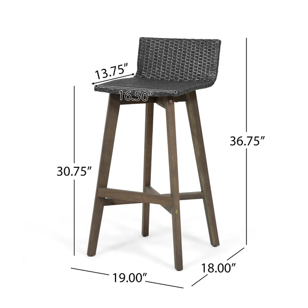 English Elm Christopher Knight Home® - LA La Brea Acacia Wood & Wicker Barstool Set of 2 — Outdoor Faux Rattan Seats with Iron X-Stretcher Frame Grey 65431.00GRY