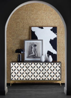 Hooker Furniture Melange Renee Credenza With Hand Inlay, Black Mango Wood & Gold Base — Storage, Media-Ready Elegance 628-85718-99