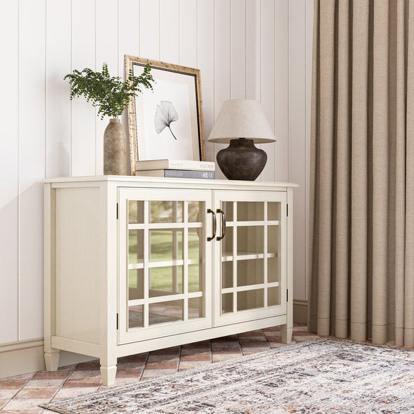 English Elm Connaught Low Storage Cabinet - Timeless Antique White Charm With Glass Doors & Adjustable Shelves B136P158530