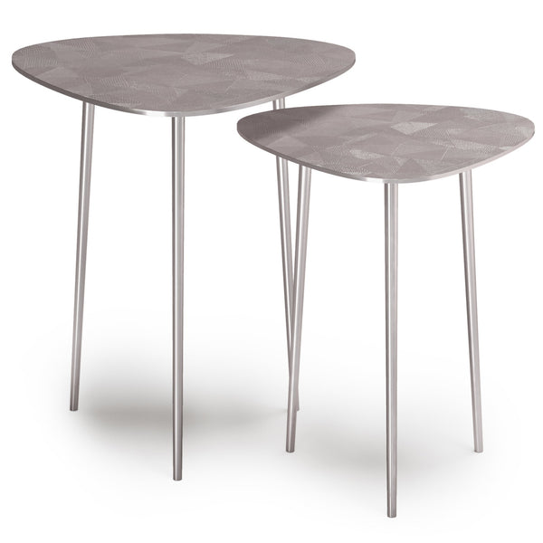 English Elm Shelton Hand-Finished Nickel 2-Pc Metal Nesting Tables — Geometric Etched Tops, Versatile Side/End Use B136P159605