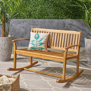 English Elm Christopher Knight Home® - Patio Acacia Wood Rocking Loveseat with Armrests — Handcrafted 2-Person Porch Bench, Slatted Comfort Natural 62267.00