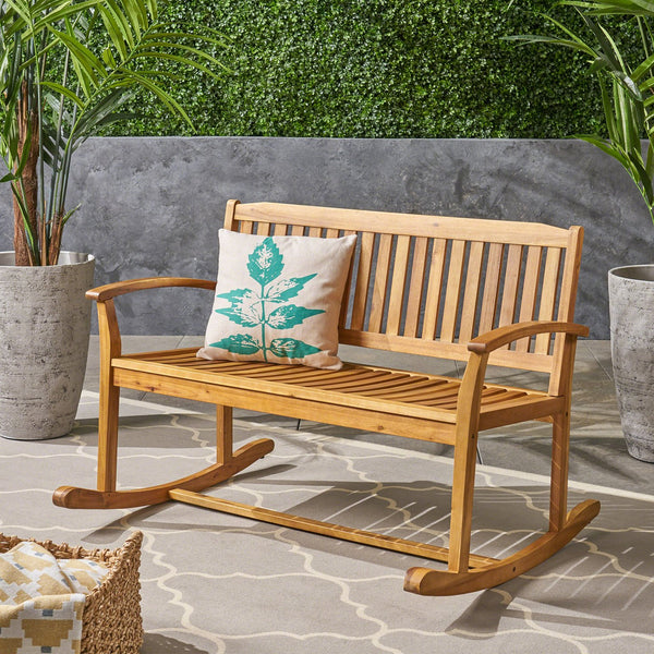 English Elm Christopher Knight Home® - Patio Acacia Wood Rocking Loveseat with Armrests — Handcrafted 2-Person Porch Bench, Slatted Comfort Natural 62267.00