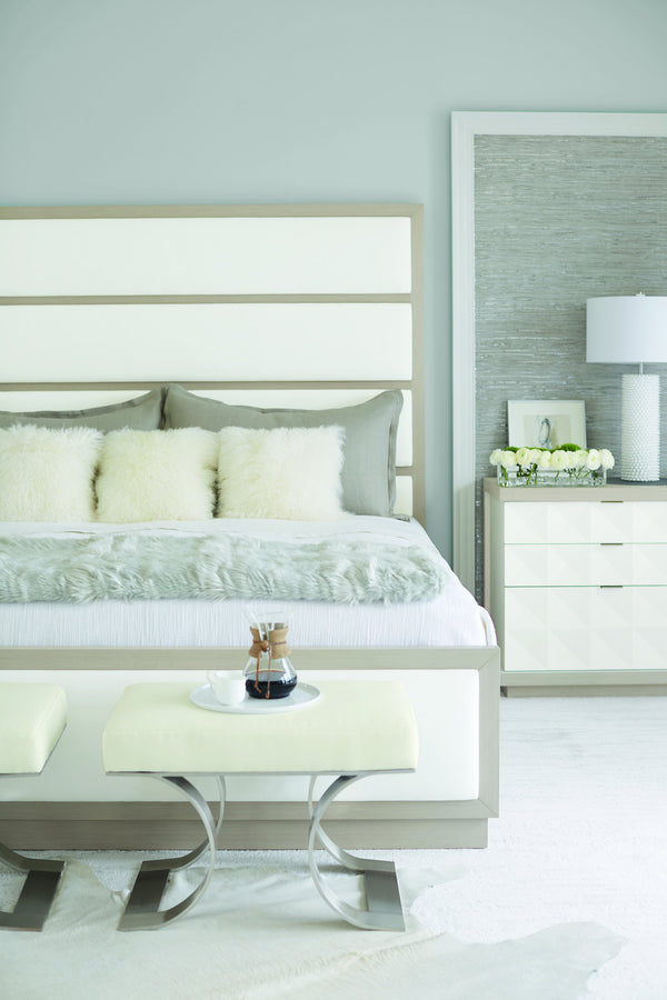 Bernhardt Bernhardt Axiom King Panel Bed - High Headboard With Inset Upholstery, Linear Gray Veneer Finish K1087