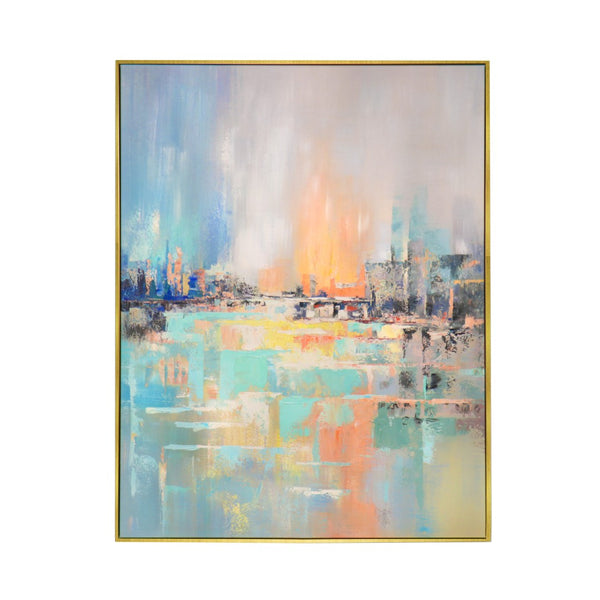 Pasargad Home Hand-Painted Coastal Landscape Oil Painting on Canvas – Tranquil Blue & Multicolor Art