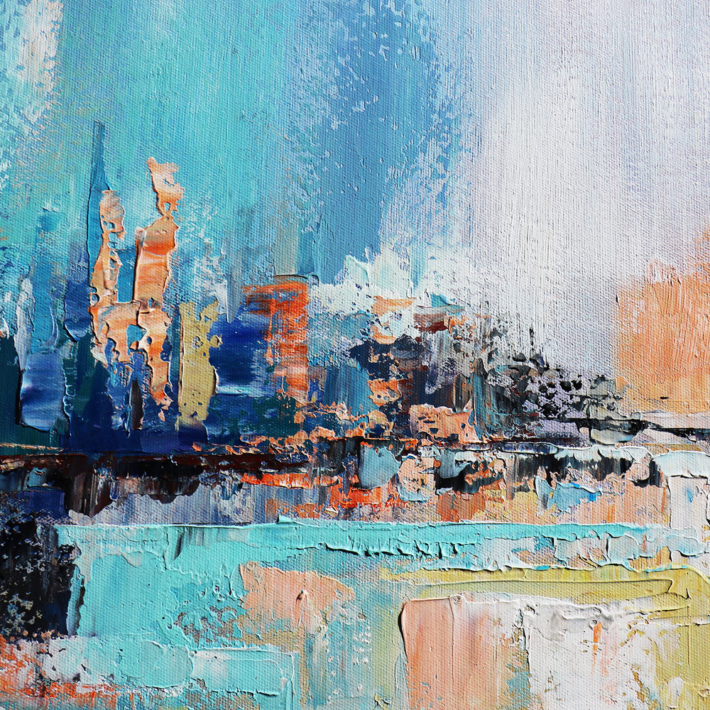 Pasargad Home Hand-Painted Coastal Landscape Oil Painting on Canvas – Tranquil Blue & Multicolor Art