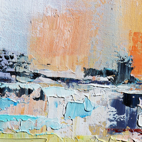 Pasargad Home Hand-Painted Coastal Landscape Oil Painting on Canvas – Tranquil Blue & Multicolor Art