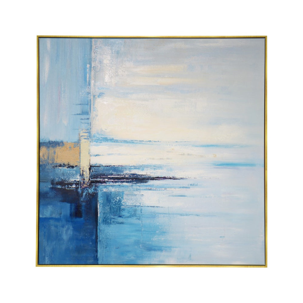 Pasargad Hand-Painted Coastal Landscape Oil Painting with Lighthouse - Tranquil Blue Canvas Art