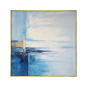 Pasargad Hand-Painted Coastal Landscape Oil Painting with Lighthouse - Tranquil Blue Canvas Art