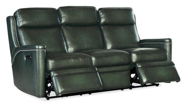 Hooker Furniture Hamilton Power Sofa With Semi-Aniline Leather, Zero-Gravity Recline, Usb Charging, Nailhead Trim Green SS116-PHZ3-029