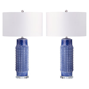 Crestview Collection 30.5"H Striking Cobalt Blue Ceramic Table Lamp Set With Crystal Base And Elegant Drum Shade   Cvap3262a