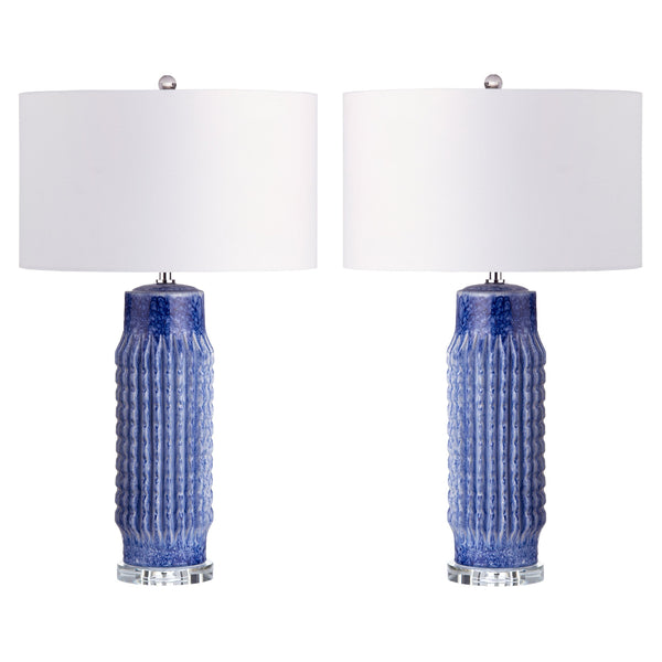 Crestview Collection 30.5"H Striking Cobalt Blue Ceramic Table Lamp Set With Crystal Base And Elegant Drum Shade   Cvap3262a