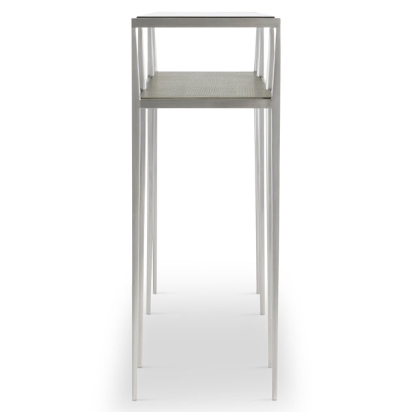 Bernhardt Bernhardt Cornelia Console Table — 72"W Tempered Glass Top, Brushed Stainless Frame, Nebbia Wood Shelf 331910