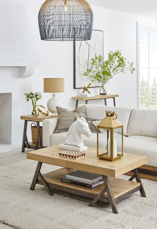 A.R.T. Furniture Frame Chairside Table - Two-tone Finish With High-low Veneer, Fixed Shelf & Industrial Style Legs Light Brown Ash & Poplar Solid,Plank,Effect Flakey & Quarter,Sawn Oak Veneer 278368-2344