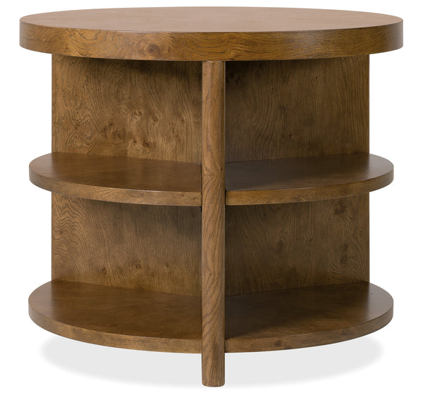 Hooker Furniture Melange Mulholland Oak Round Side Table with Triple Shelf Storage for Living Rooms 28.00L x 28.00W x 24.00H 628-80606-82