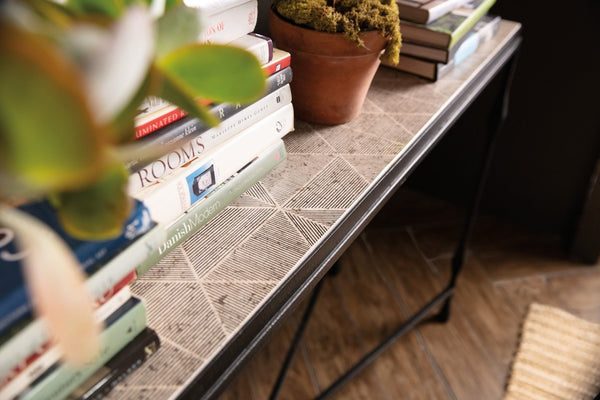 Hooker Furniture Commerce Travertine Console Table With Tribal Screen-Printed Top And Forged Metal Base For Entryways Black 7228-85022-00