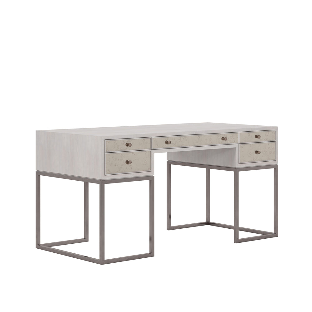 A.R.T. Furniture Mezzanine Writing Desk In Dove Gray - Chic Antique Mirror & Metal Base With 5 Storage Drawers Light Gray Parawood And Poplar Solids,Maple Veneer,Mirror,Steel 325421-2249