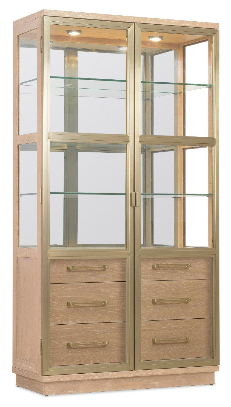 Hooker Furniture Banyon Glass Display Cabinet With Mirrored Back, Brushed Brass Accents & Led Lights, Desert Oak Finish 6081-75906-82