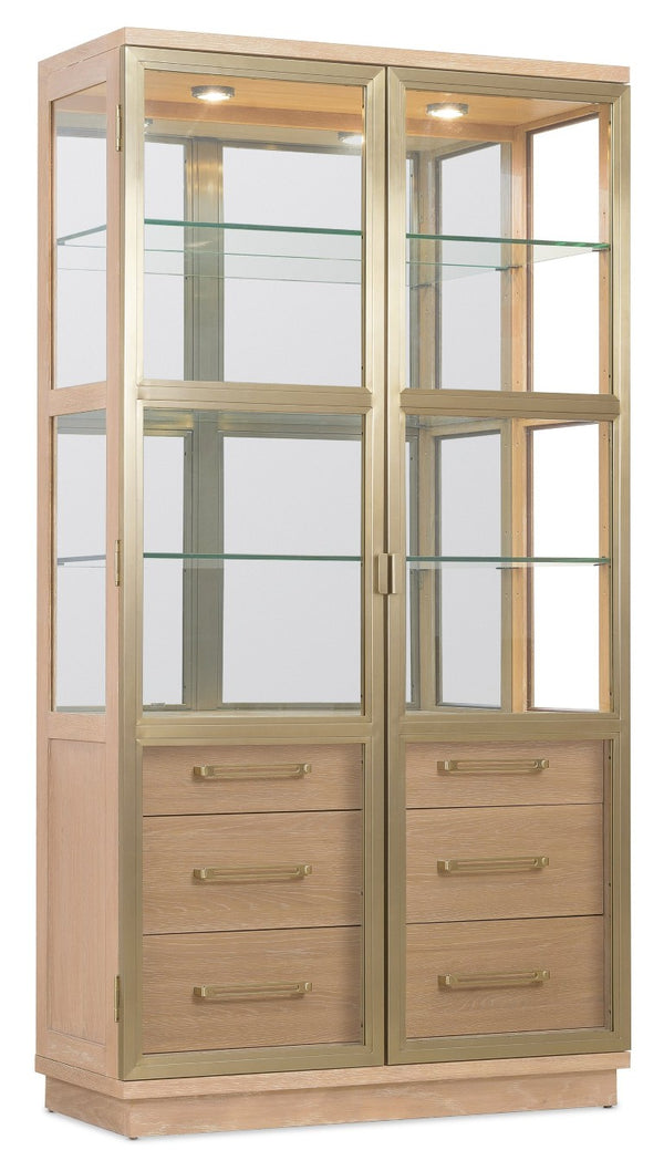 Hooker Furniture Banyon Glass Display Cabinet With Mirrored Back, Brushed Brass Accents & Led Lights, Desert Oak Finish 6081-75906-82