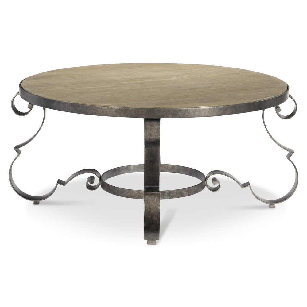Bernhardt Bernhardt Criollo Round Cocktail Table With Hand-Distressed Wood Top & Scrollwork Steel Base, Rustic Elegance 302015