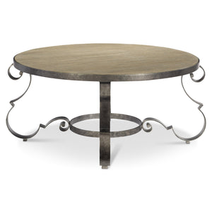 Bernhardt Bernhardt Criollo Round Cocktail Table With Hand-Distressed Wood Top & Scrollwork Steel Base, Rustic Elegance 302015