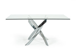 VIG Furniture Pyrite Clear Tempered Glass Dining Table With Sculptural Chrome Legs — Seats 6, Modern Minimalist Chic VGEWF2133EA