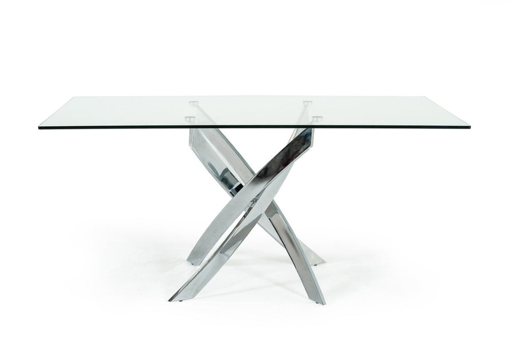 VIG Furniture Pyrite Clear Tempered Glass Dining Table With Sculptural Chrome Legs — Seats 6, Modern Minimalist Chic VGEWF2133EA