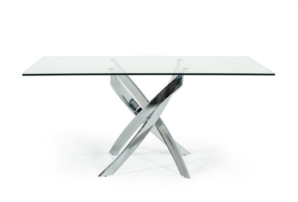 VIG Furniture Pyrite Clear Tempered Glass Dining Table With Sculptural Chrome Legs — Seats 6, Modern Minimalist Chic VGEWF2133EA