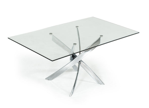 VIG Furniture Pyrite Clear Tempered Glass Dining Table With Sculptural Chrome Legs — Seats 6, Modern Minimalist Chic VGEWF2133EA