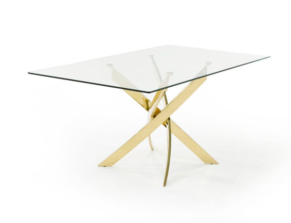 VIG Furniture Pyrite Glass & Gold Dining Table With Intertwined Stainless Steel Base, Modern Glam 63"W X 38"D VGEW-2133EE-G