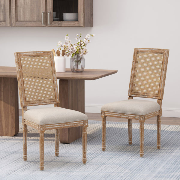 English Elm Dining Chair Set of Two with Cane Back Fluted Legs and Upholstered Seat French Style 71238.00BGENTL