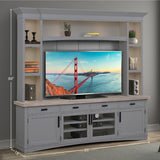 Parker House Americana Modern - Dove 92 In. TV Console with Hutch Back Panel and LED Lights Dove with Weathered Natural Top Poplar Solids / Birch Veneers with Oak Top AME#92-4-DOV