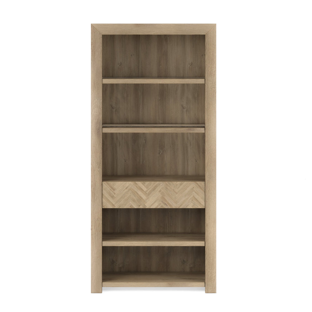 A.R.T. Furniture Garrison Bookcase - Elegant Washed Oak Storage With Adjustable Glass Shelves & Touch Dimmer Light Brown Parawood Solids With Ash Embossing,White Oak Veneers,Glass 322401-1302