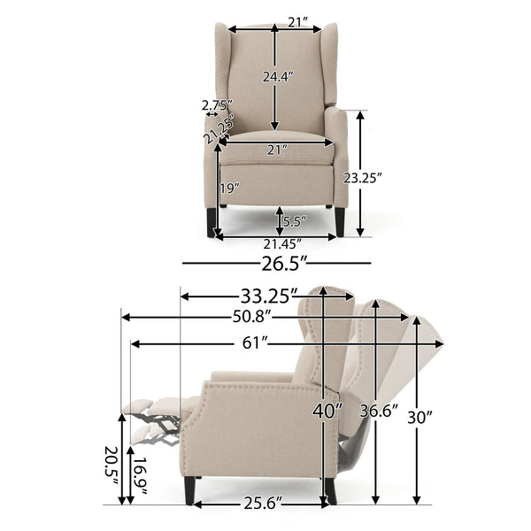 English Elm Christopher Knight Home® - Pushback Recliner Chair with Nailhead Trim and Wingback Design, Plush Fabric Comfort for Living Rooms Wheat 60760.00WHT