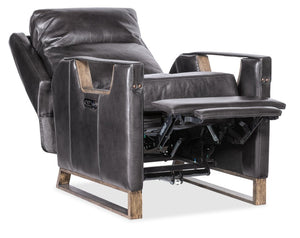 Hooker Furniture Relic Taupe Semi-Aniline Leather Power Recliner With Usb, Adjustable Headrest, Bustle Back & Wood Base Black RC810-PH-098