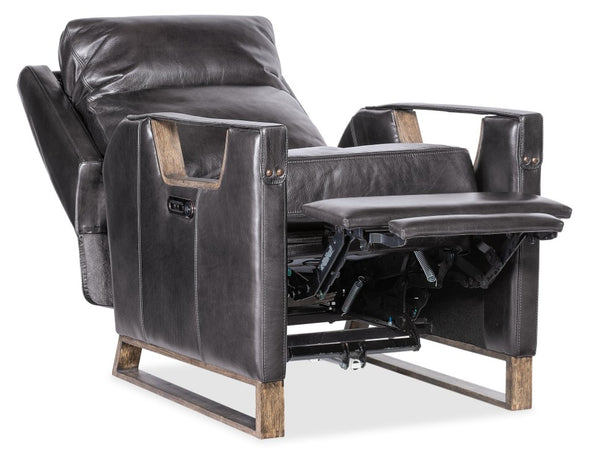 Hooker Furniture Relic Taupe Semi-Aniline Leather Power Recliner With Usb, Adjustable Headrest, Bustle Back & Wood Base Black RC810-PH-098