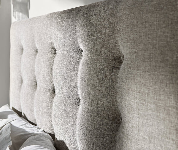 Bernhardt Bernhardt Upholstered Button-Tufted Queen Bed — Rustic Modern Acacia Frame, Linen & Light Shale Finish K1651