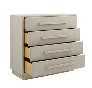 A.R.T. Furniture Cotiere Contemporary Drawer Chest With Linen Fabric, Cedar Lining, And Soft-close Glides For Storage Beige Material, Parawood Solids,Mixed Split Cathedral Quarter,White Oak Veneer,Fabric 299150-2349