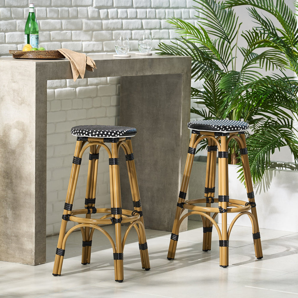 English Elm Outdoor Tropical Pe Rattan Backless Barstools Aluminum Frame Poolside Set of 2 72607.00BLK