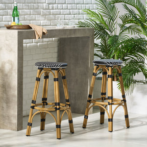 English Elm Outdoor Tropical Pe Rattan Backless Barstools Aluminum Frame Poolside Set of 2 72607.00BLK