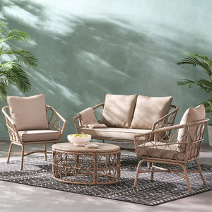 English Elm Christopher Knight Home® - BRUCE Boho 4PC Chat Set - Brown PE Rattan Loveseat, 2 Club Chairs & Coffee Table with Water-Resistant Cushions 70413.00LBRN