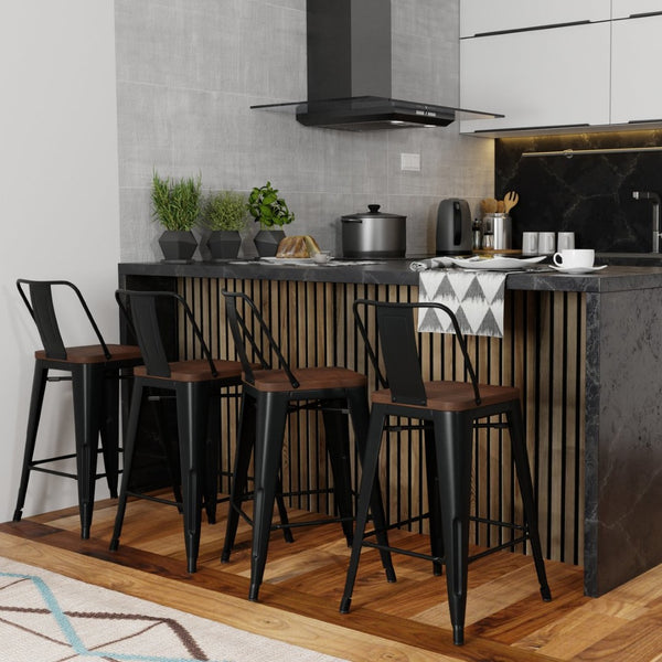 English Elm Rayne 24" Industrial Metal & Wood Counter Stools Set Of 4 - Chic Black & Elm For Modern Spaces B136P159490-GIGA