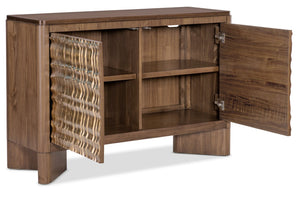 Hooker Furniture Eleana Sculptural Two-Door Chest In Light Caramel Walnut With Sunlit Bronze Doors, Soft-Close Storage 7252-85002-85