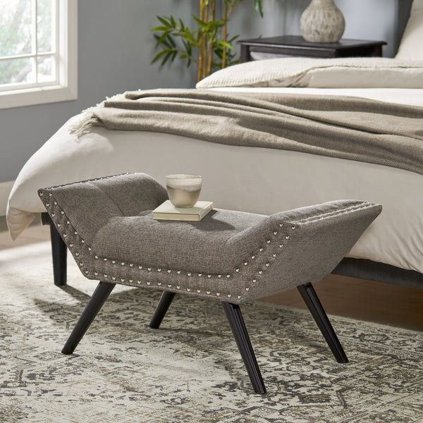English Elm Christopher Knight Home® - Modern Button Tufted Sitting Bench with Nailhead Trim and Birch Wood Legs — Upholstered Accent Ottoman for Entryway or Living Room Seating Grey 54753.00GRA
