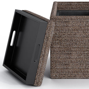 English Elm Rockwood Cube Storage Ottoman with Tray — Denim Vegan Faux Leather, Flip-Top Serving Tray & Hidden Storage Gray B136P158202