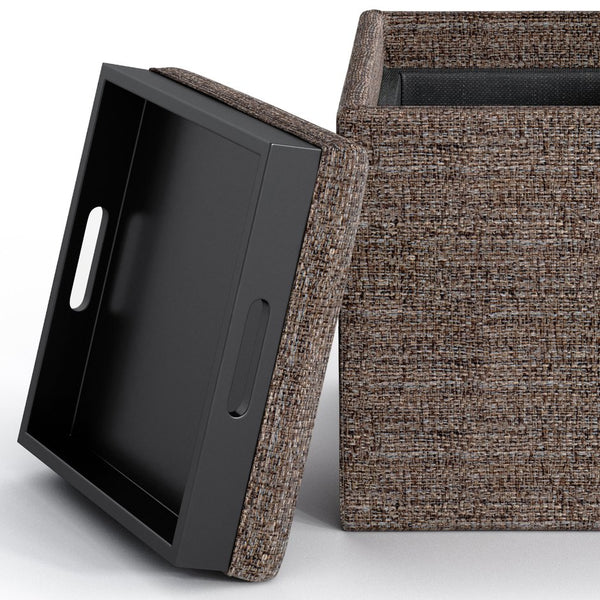 English Elm Rockwood Cube Storage Ottoman with Tray — Denim Vegan Faux Leather, Flip-Top Serving Tray & Hidden Storage Gray B136P158202